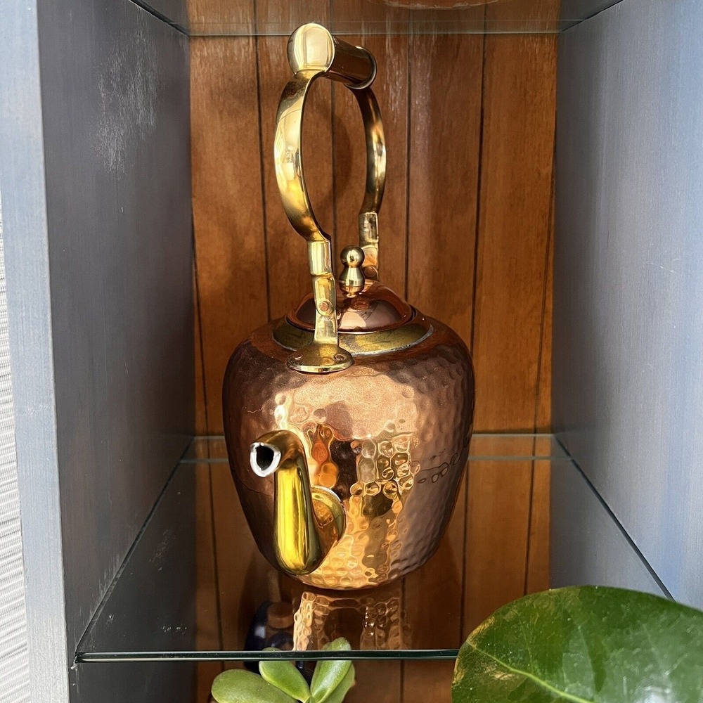 Antique hand-Hammered Copper Tea Kettle pot coffee brass details Gooseneck CLEAN - Picture 2 of 12